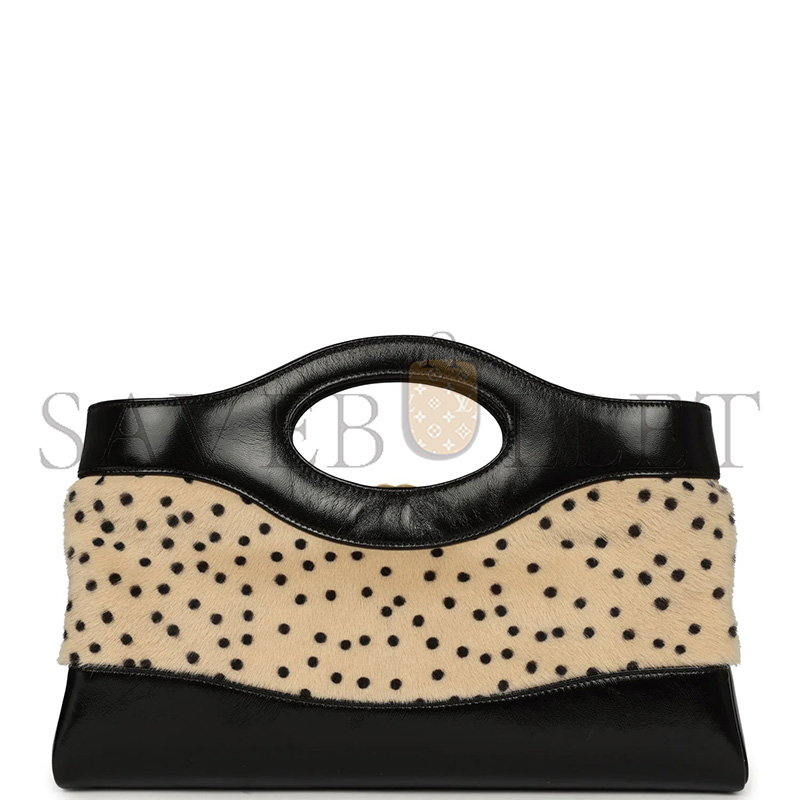 Ch**el CHEETAH PRINT 31 SHOPPER BEIGE CALF HAIR, BLACK SHINY LAMBSKIN GOLD HARDWARE AS6361 (32*22*6.5cm)